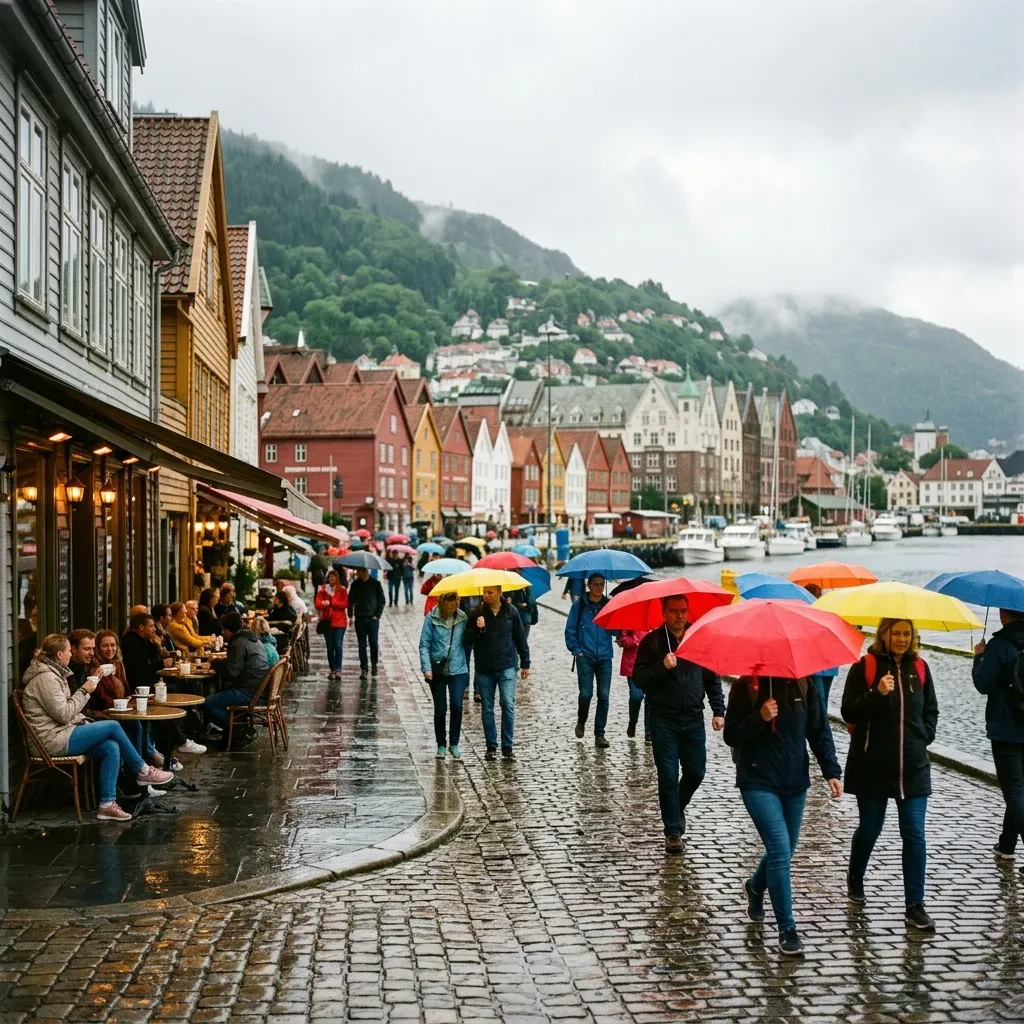 A lively street scene in Bergen with pedestrians holding colorful umbrellas under light rain.