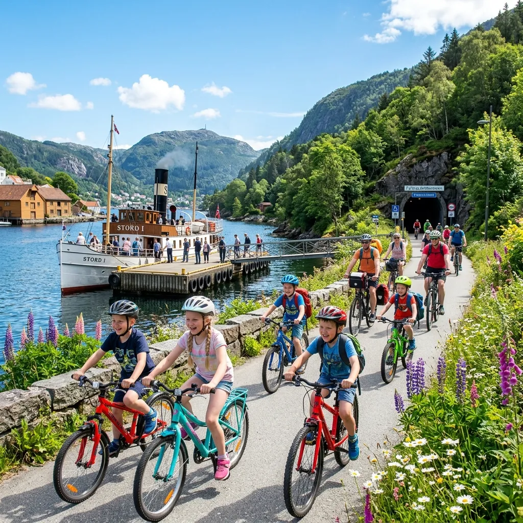En solrik morgen i Bergen, hvor barn sykler og en dampskipbåt ligger til kai.