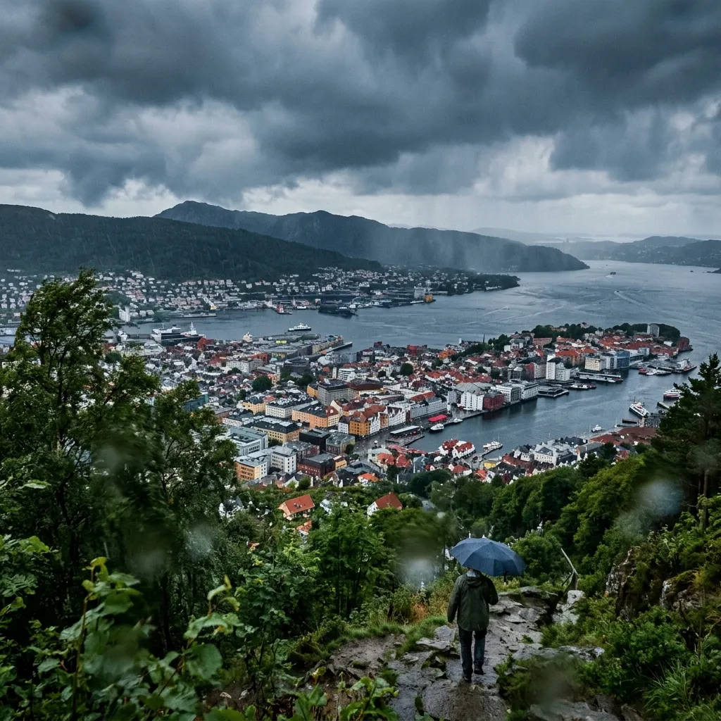 A wide view of Bergen showing colorful houses under an overcast sky with rain beginning to fall.