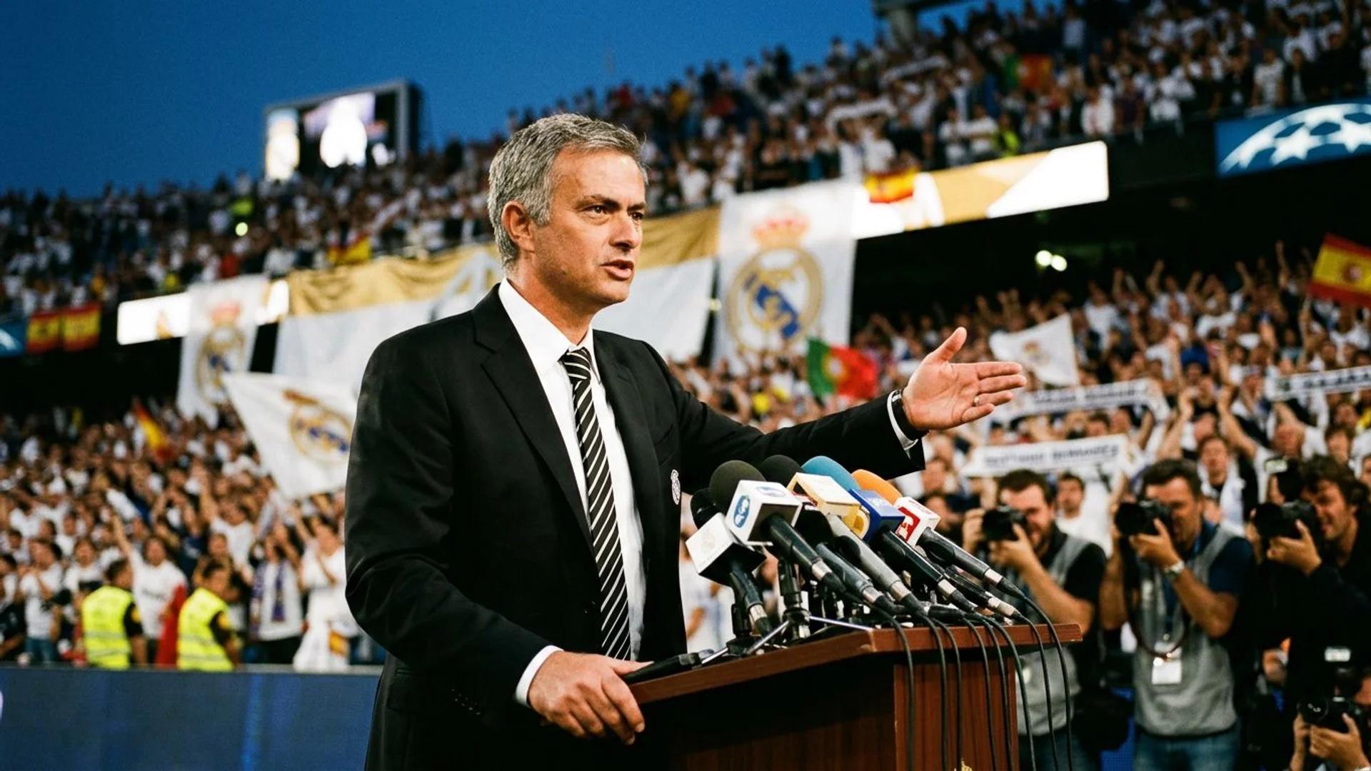 José Mourinho stands at a podium, addressing reporters with fans cheering in the background.
