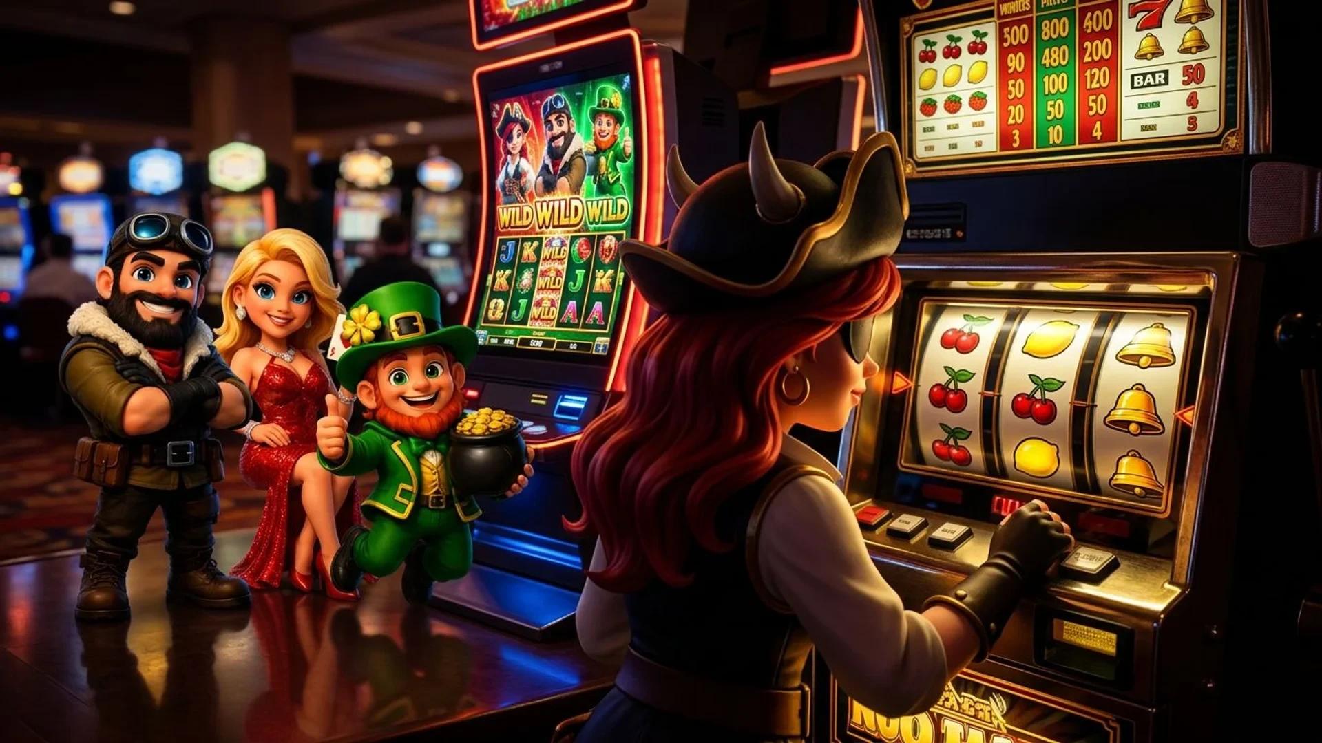A NordicSpins mascot observing classic and video slot machines in a casino.