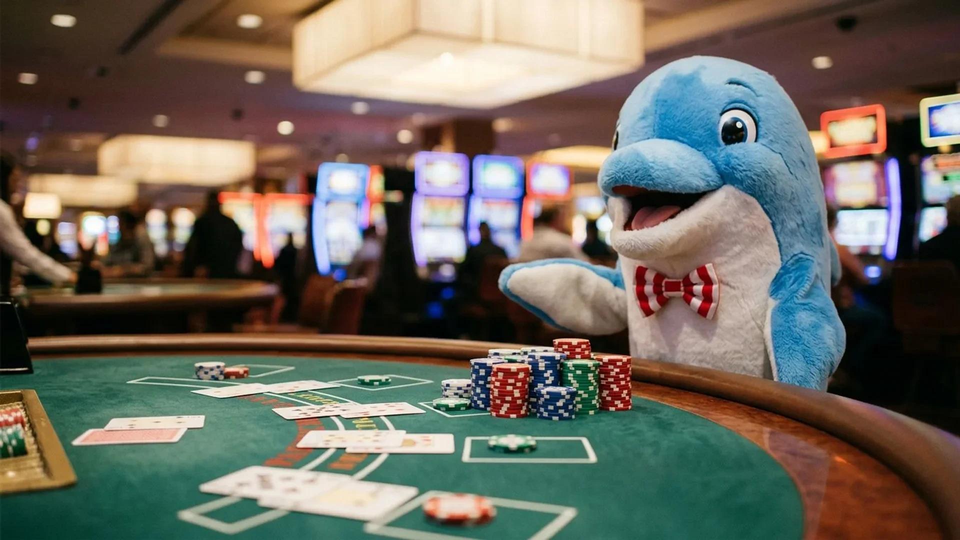 A cartoon dolphin mascot stands at a poker table, showcasing colorful chips and cards with a soft overcast environment.