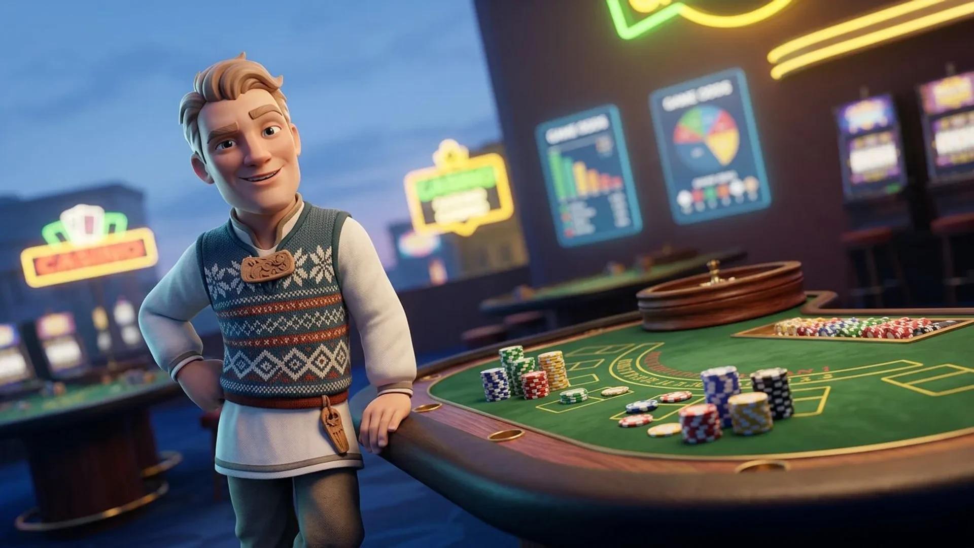 A NordicSpins mascot engaging playfully at a poker table in a dusk casino setting.