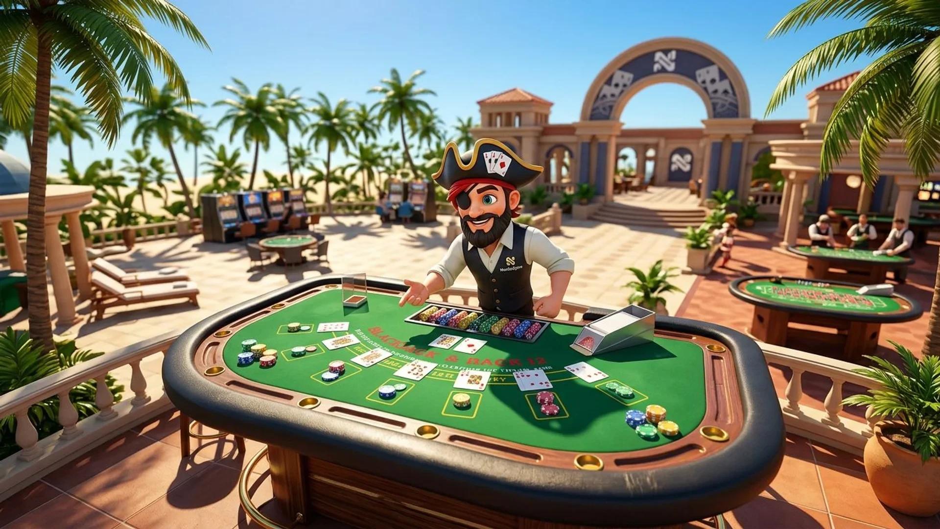 A vibrant mascot stands behind a Blackjack table under a harsh midday sun in a lively casino setting.