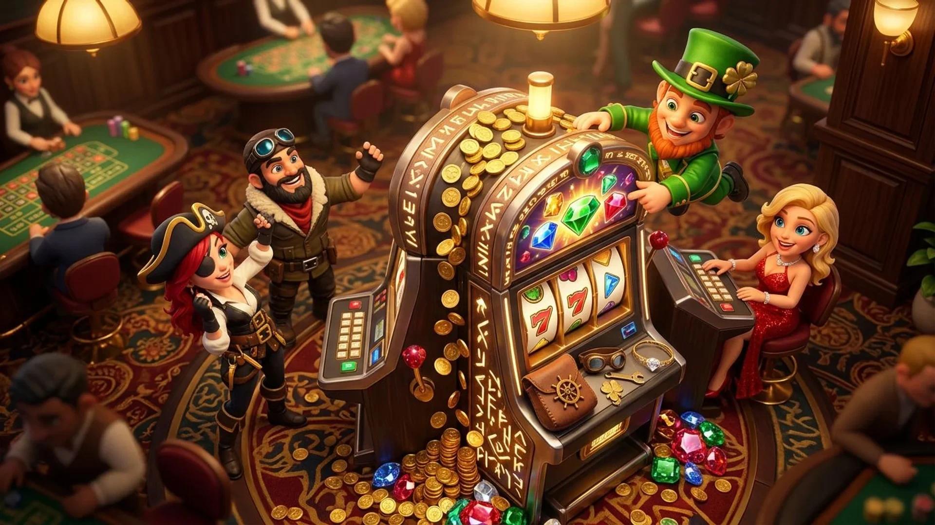 A bird's-eye view of a colorful casino scene with a NordicSpins mascot at a slot machine.