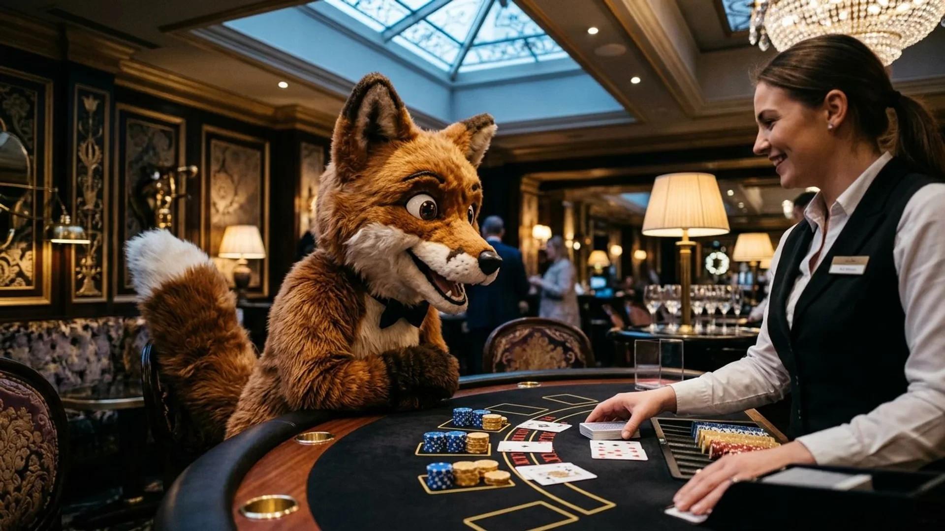 A playful fox mascot talking to a dealer at a casino table during blue hour.