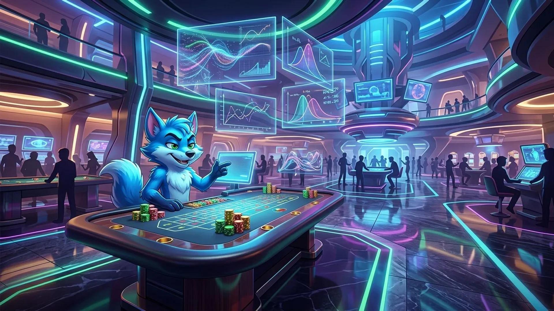 An energetic mascot interacts with a casino table game in a neon-lit casino hall.