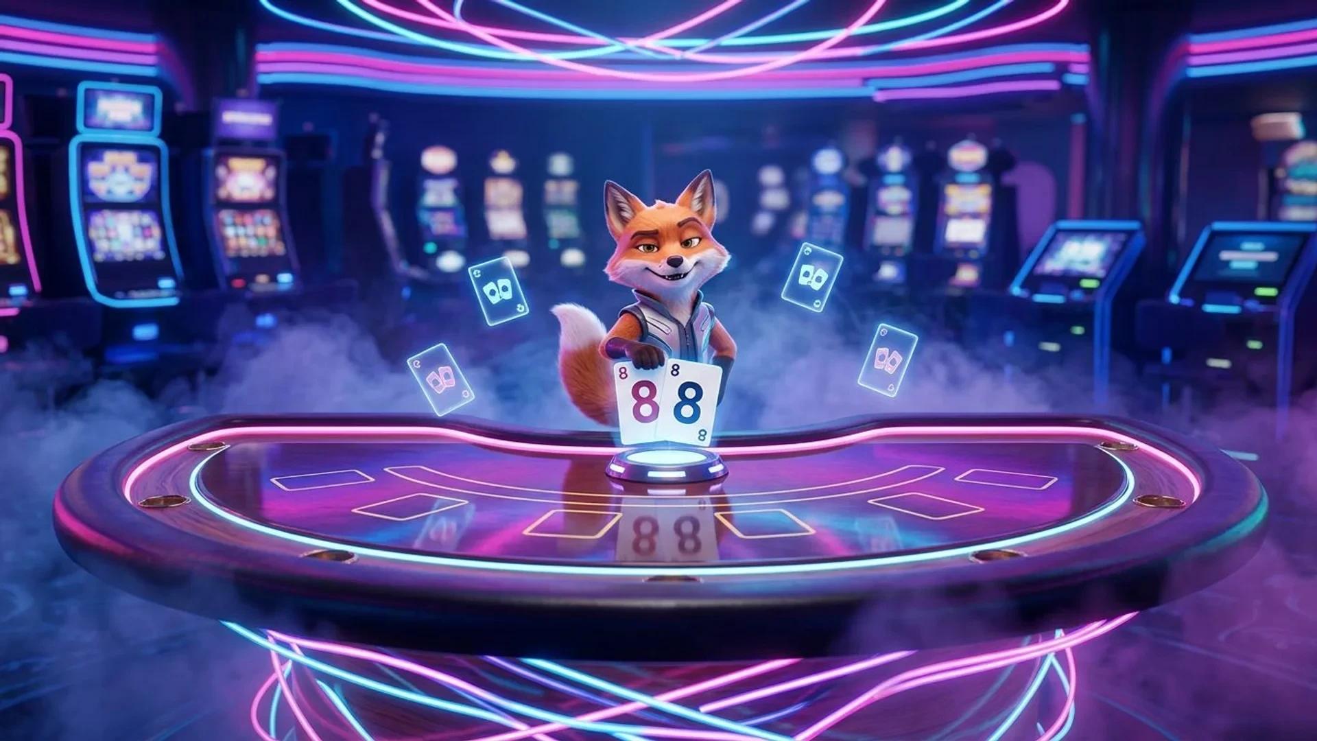 A neon-lit blackjack table with a playful fox mascot demonstrating card splitting.