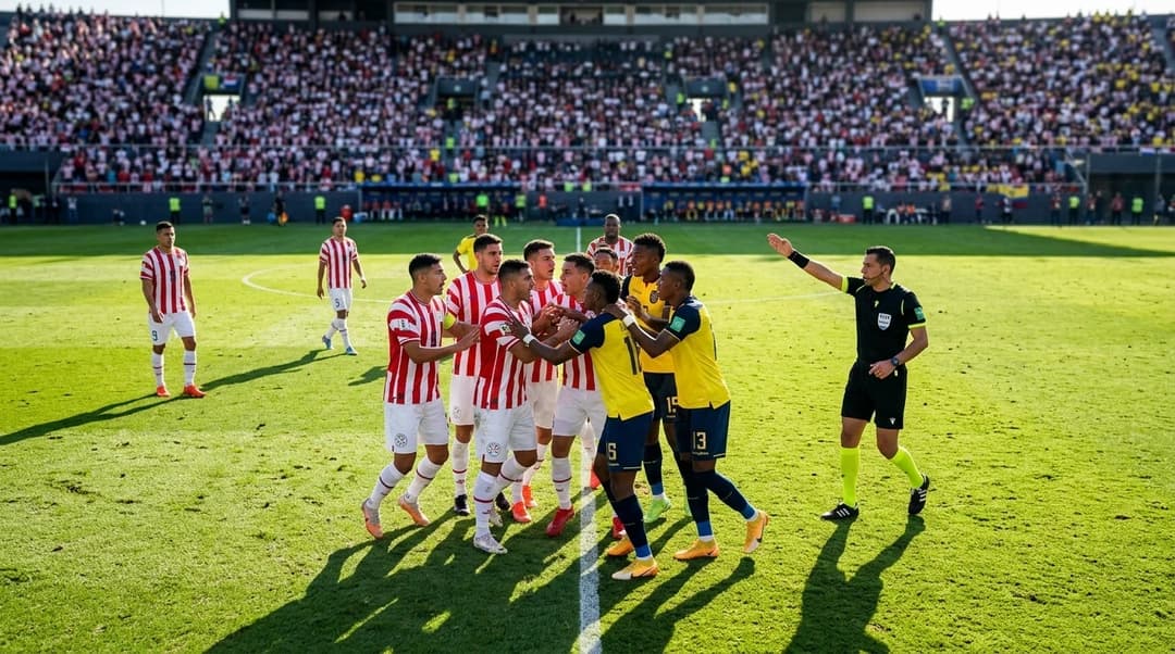 Fugleperspektiv av en intensiv fotballkamp, hvor spillere fra Paraguay og Ecuador konfronterer hverandre.