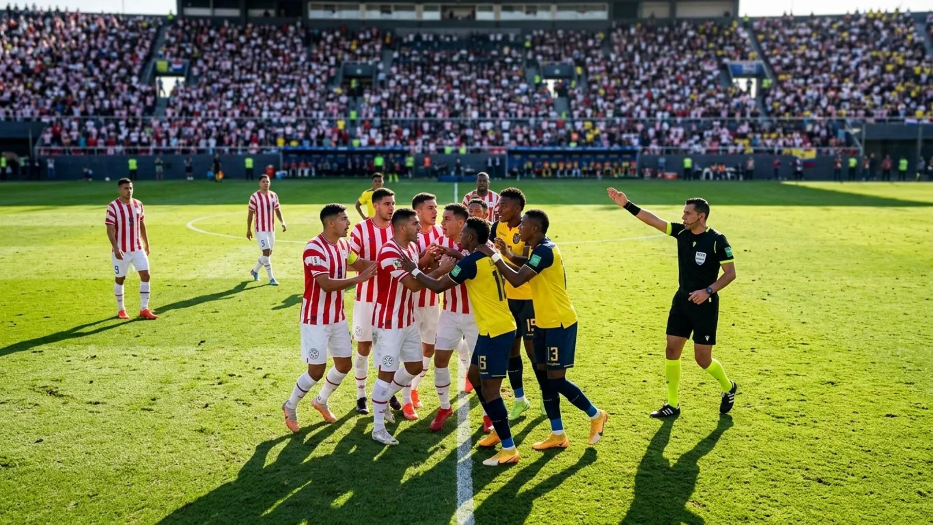 Fugleperspektiv av en intensiv fotballkamp, hvor spillere fra Paraguay og Ecuador konfronterer hverandre.