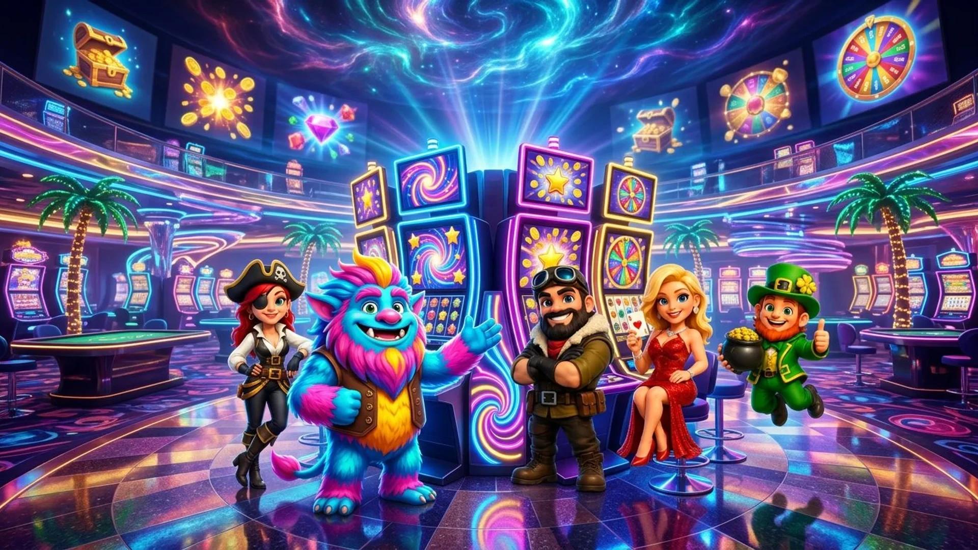 A whimsical mascot stands next to a neon-lit slot machine table in a lively casino environment.