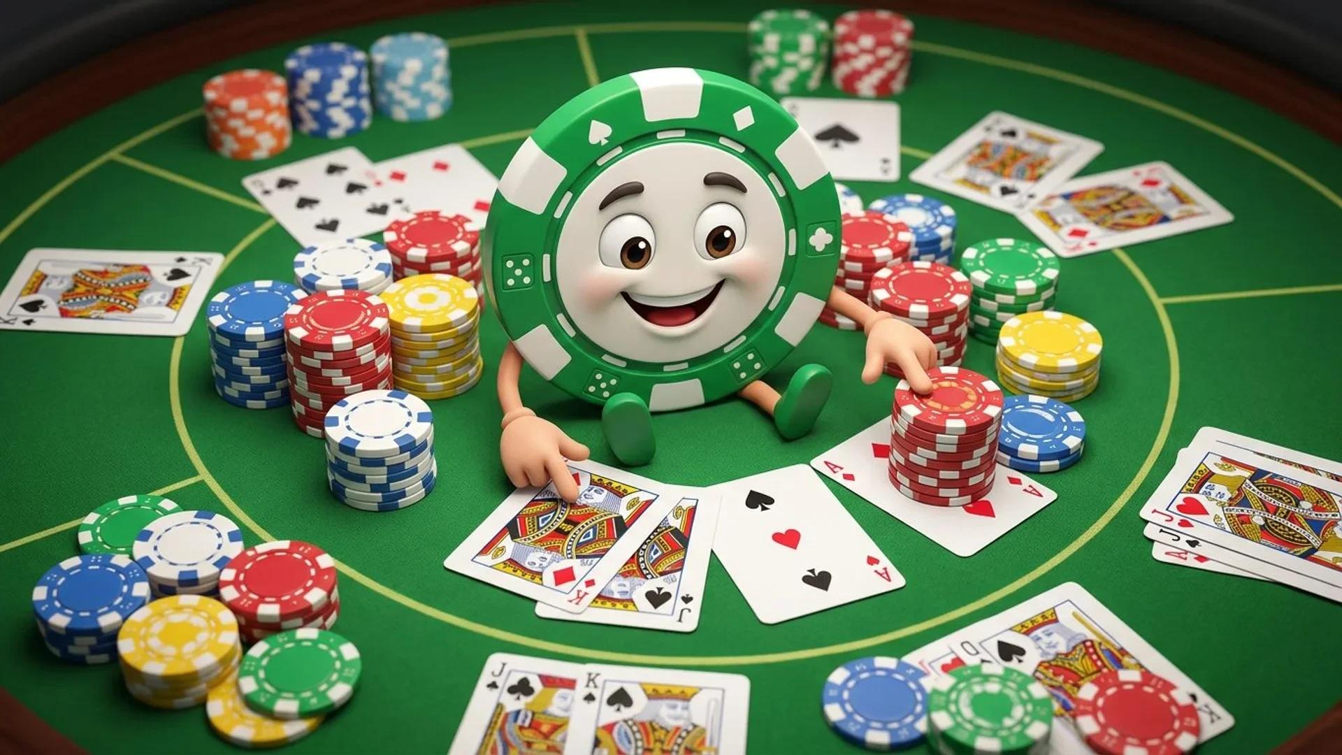 A top-down view of a cartoon casino chip mascot sitting on a vibrant casino table surrounded by cards and chips.