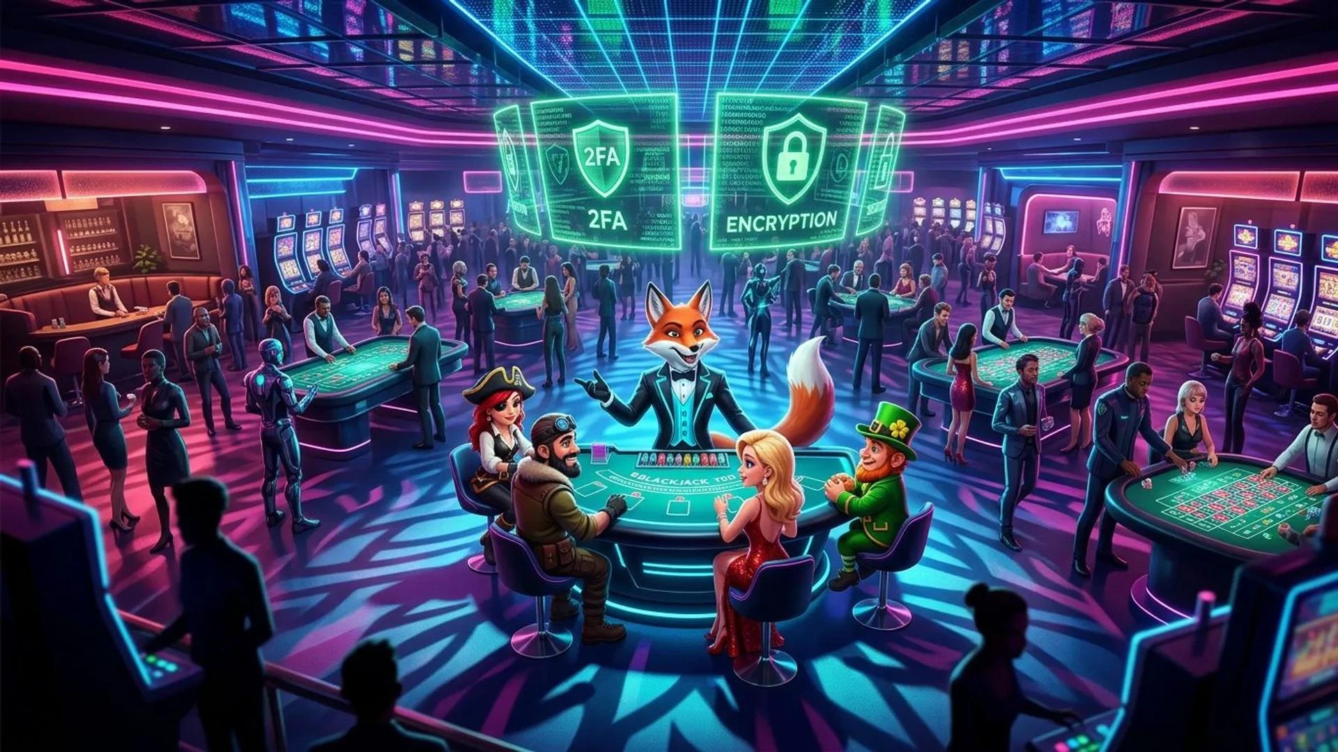 A wide shot of a colorful futuristic casino with a fox mascot engaging with players at a blackjack table.