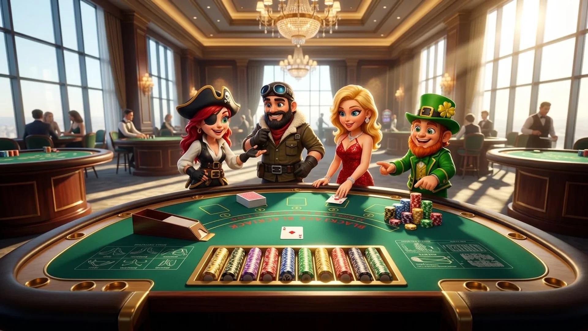 A cheerful mascot stands next to a Blackjack table on a busy casino floor under stark midday sun.
