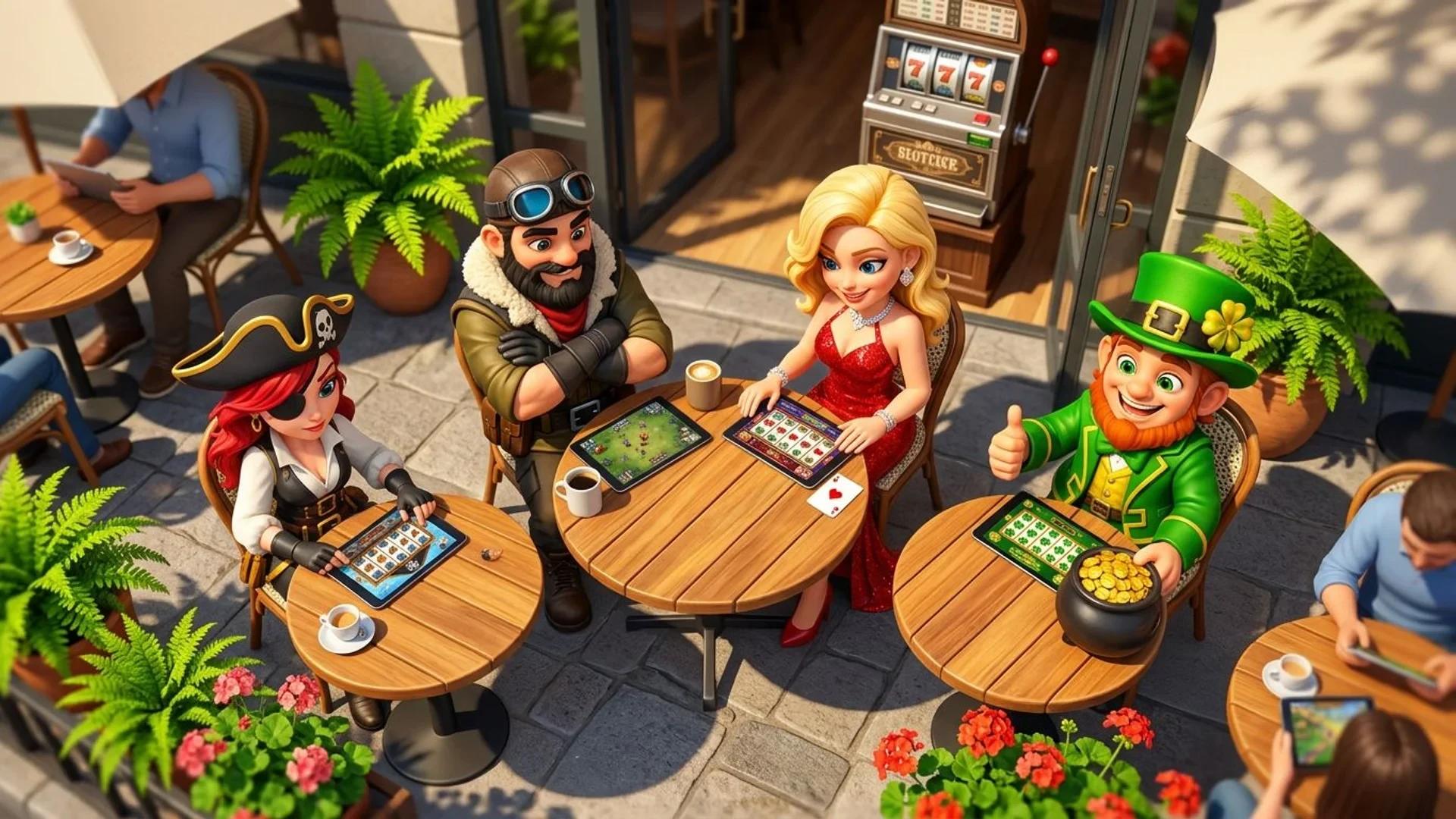 Top-down view of a mascot enjoying a mobile slot game at an outdoor café table.