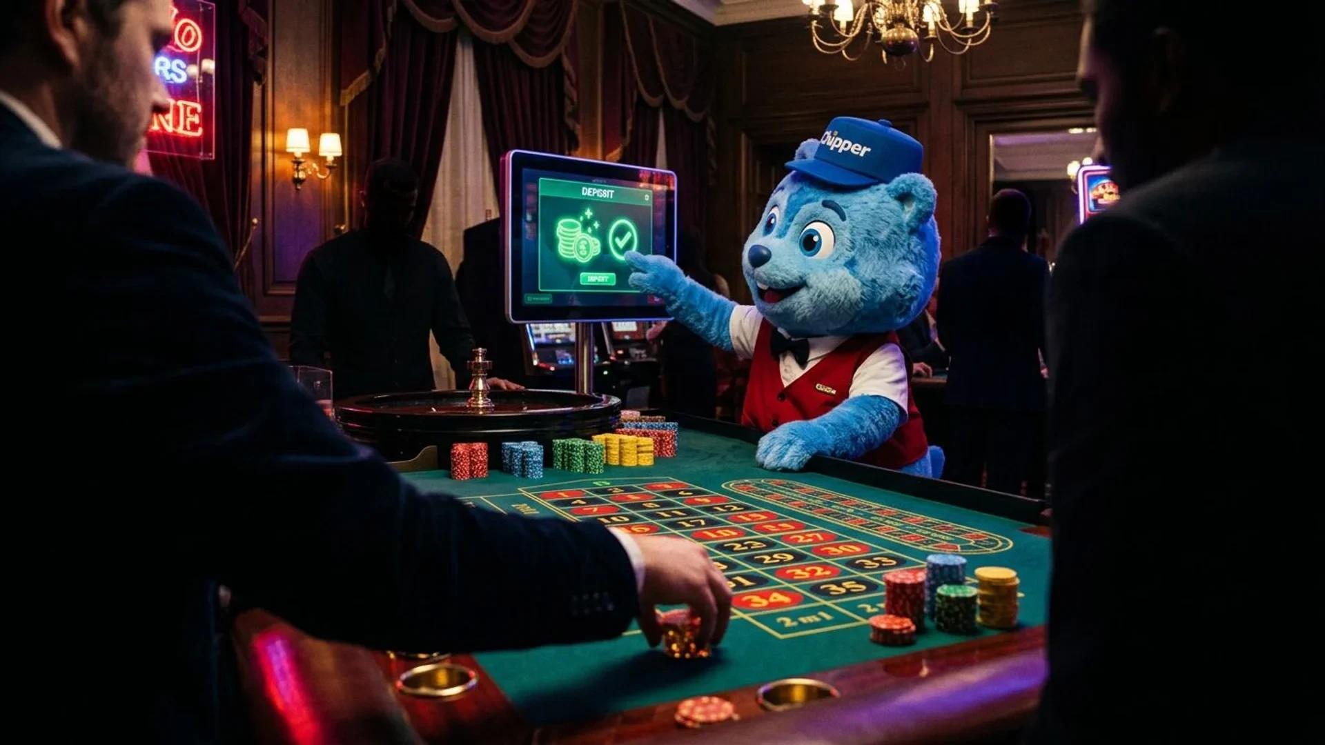 A playful blue chip mascot engaging at a roulette table in a dimly lit casino atmosphere.