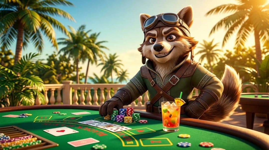 A close-up illustration of a NordicSpins mascot beside a casino gaming table in a sunlit outdoor setting.