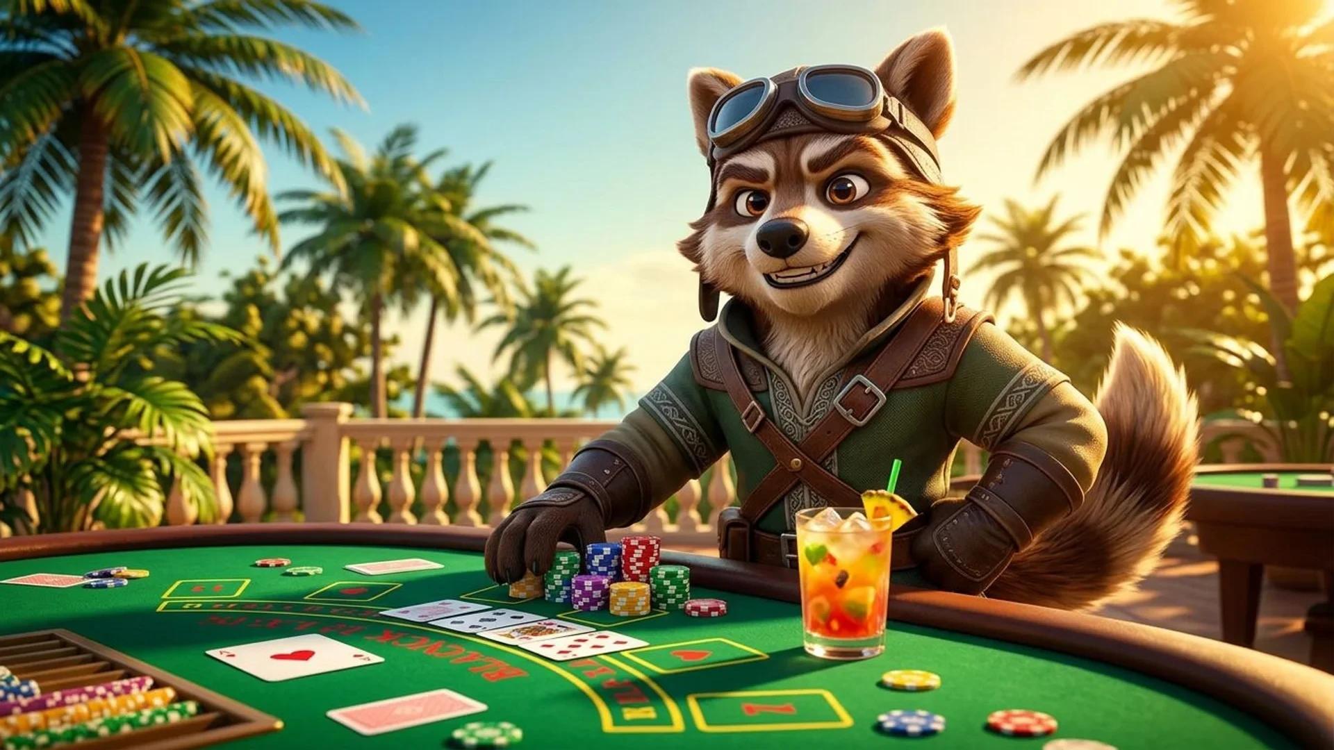 A close-up illustration of a NordicSpins mascot beside a casino gaming table in a sunlit outdoor setting.