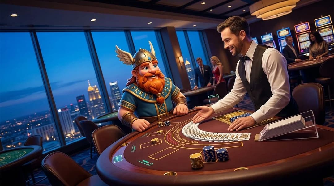 A Nordic mascot stands at a live dealer blackjack table in a casino setting during the blue hour.