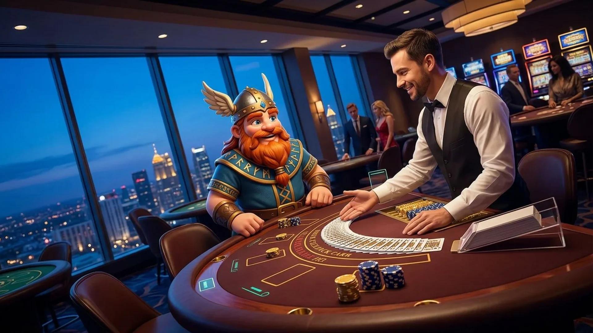 A Nordic mascot stands at a live dealer blackjack table in a casino setting during the blue hour.