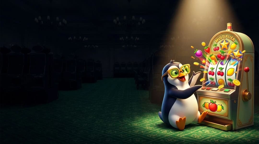 A lively penguin mascot interacting with a colorful slot machine in a dimly lit casino.