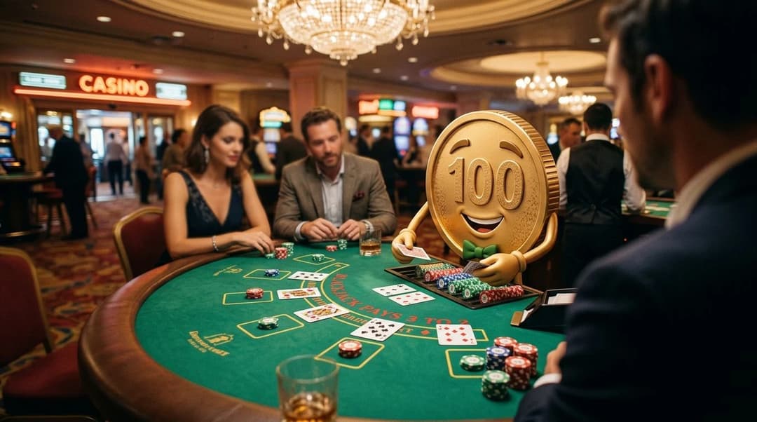 A cheerful anthropomorphic coin mascot stands at a casino table surrounded by cards and chips.