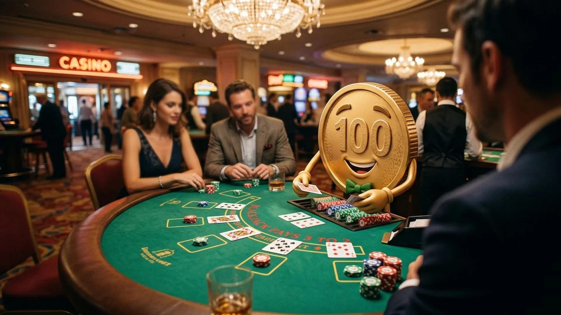 A cheerful anthropomorphic coin mascot stands at a casino table surrounded by cards and chips.