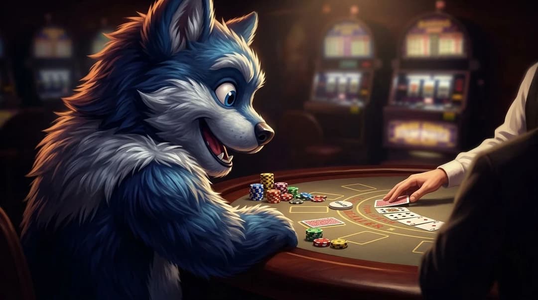 A vibrant mascot engages with a poker table in a dimly lit casino, emphasizing the rules and protections for players.