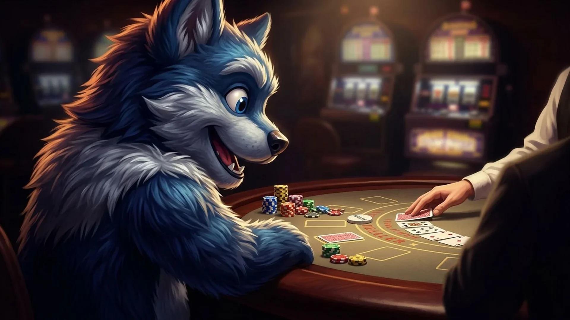 A vibrant mascot engages with a poker table in a dimly lit casino, emphasizing the rules and protections for players.