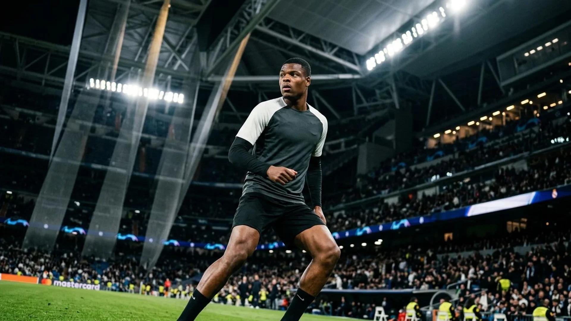 Denzel Dumfries poised on the pitch, illuminated by stadium lights, captured at a dramatic angle.