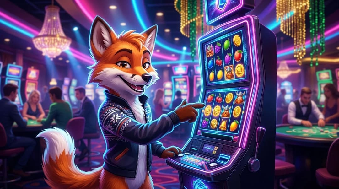 A fox mascot in a brightly lit casino demonstrating a slot machine's betting options.