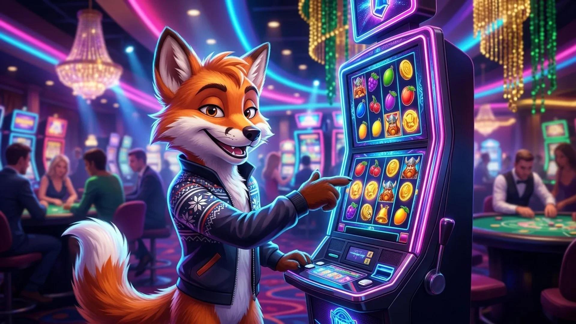 A fox mascot in a brightly lit casino demonstrating a slot machine's betting options.