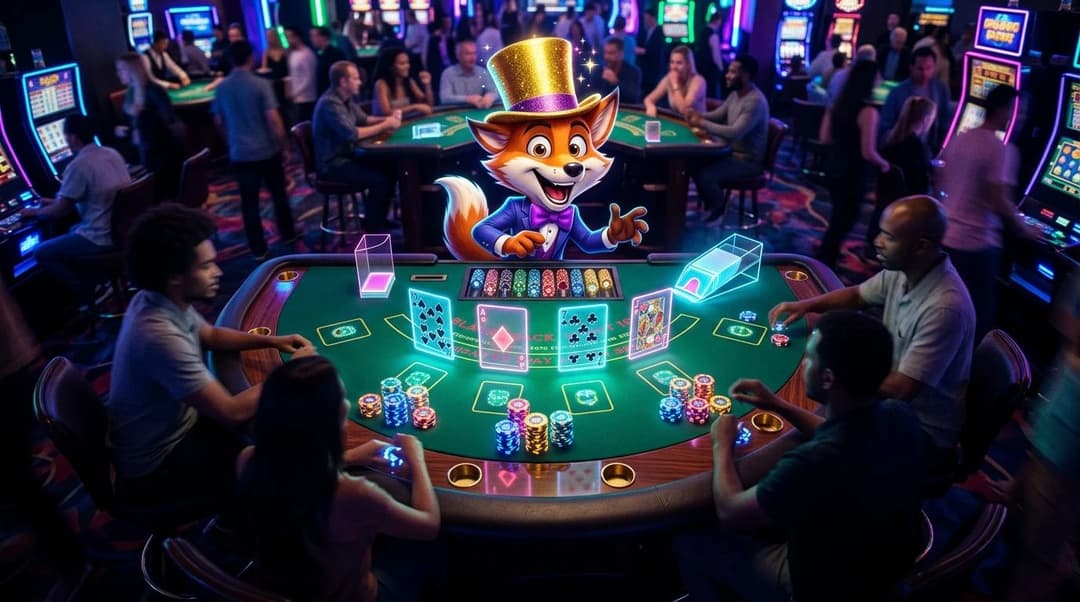 A top-down view of a casino table with a cheerful mascot and neon lighting.