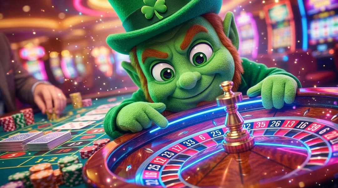 Close-up view of a green mascot from NordicSpins looking at a roulette wheel in a colorful casino setting.