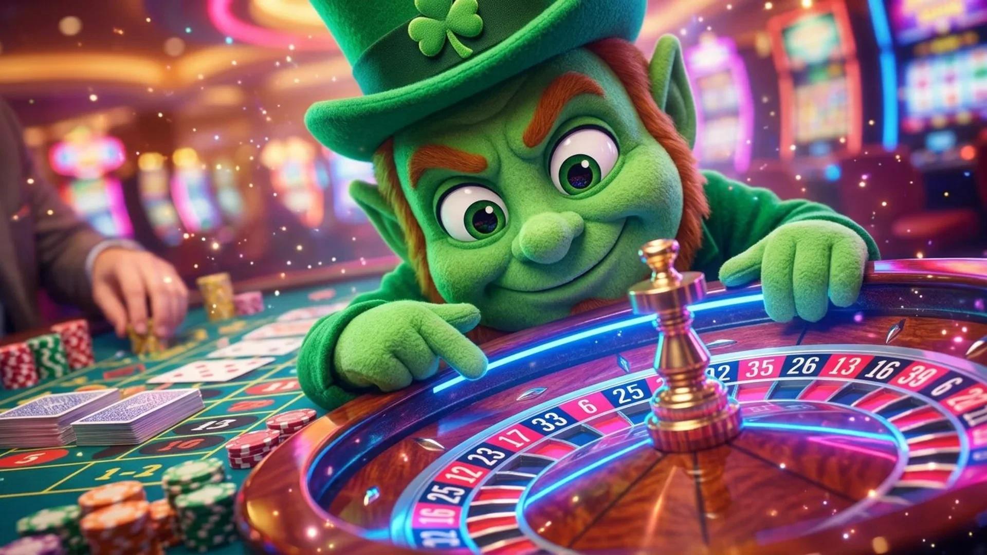 Close-up view of a green mascot from NordicSpins looking at a roulette wheel in a colorful casino setting.