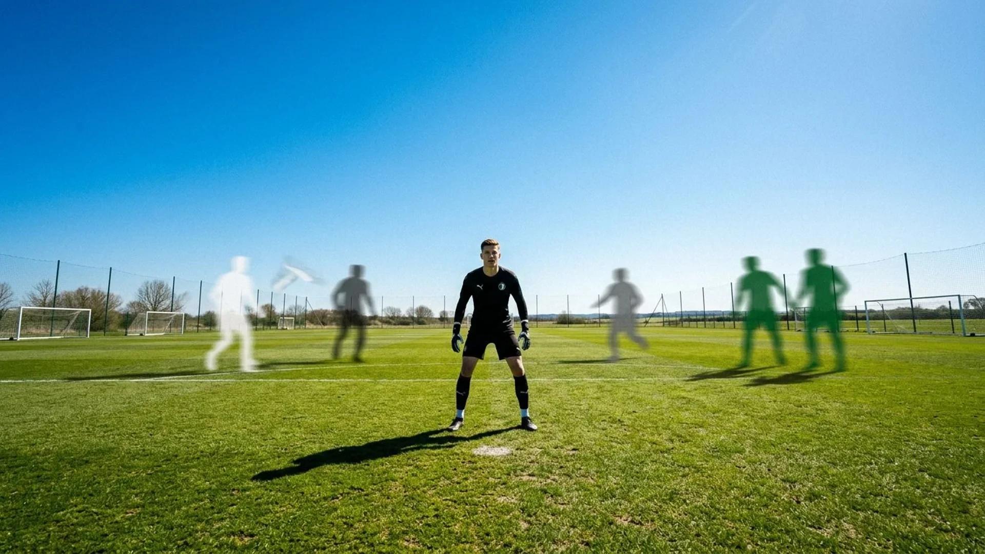 A solitary goalkeeper stands on a sunlit pitch with shadowy outlines of competitive football clubs in the background.