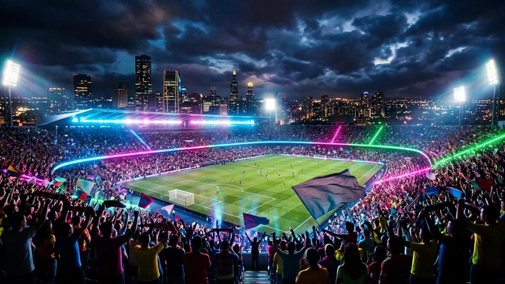 A vibrant football stadium filled with cheering fans under neon lights.