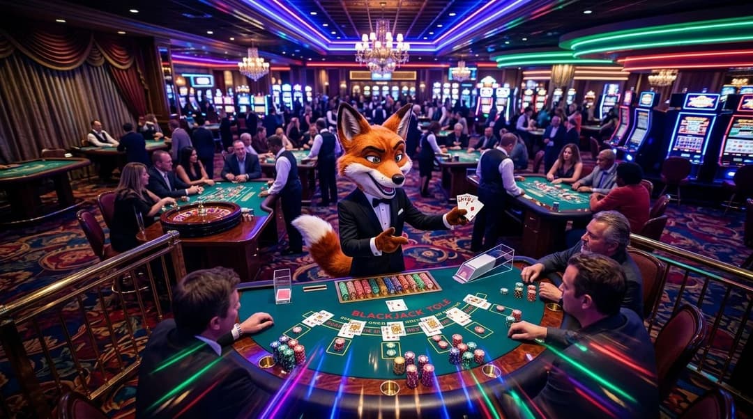 A playful fox mascot in a tuxedo stands at a Blackjack table surrounded by a vibrant casino atmosphere.