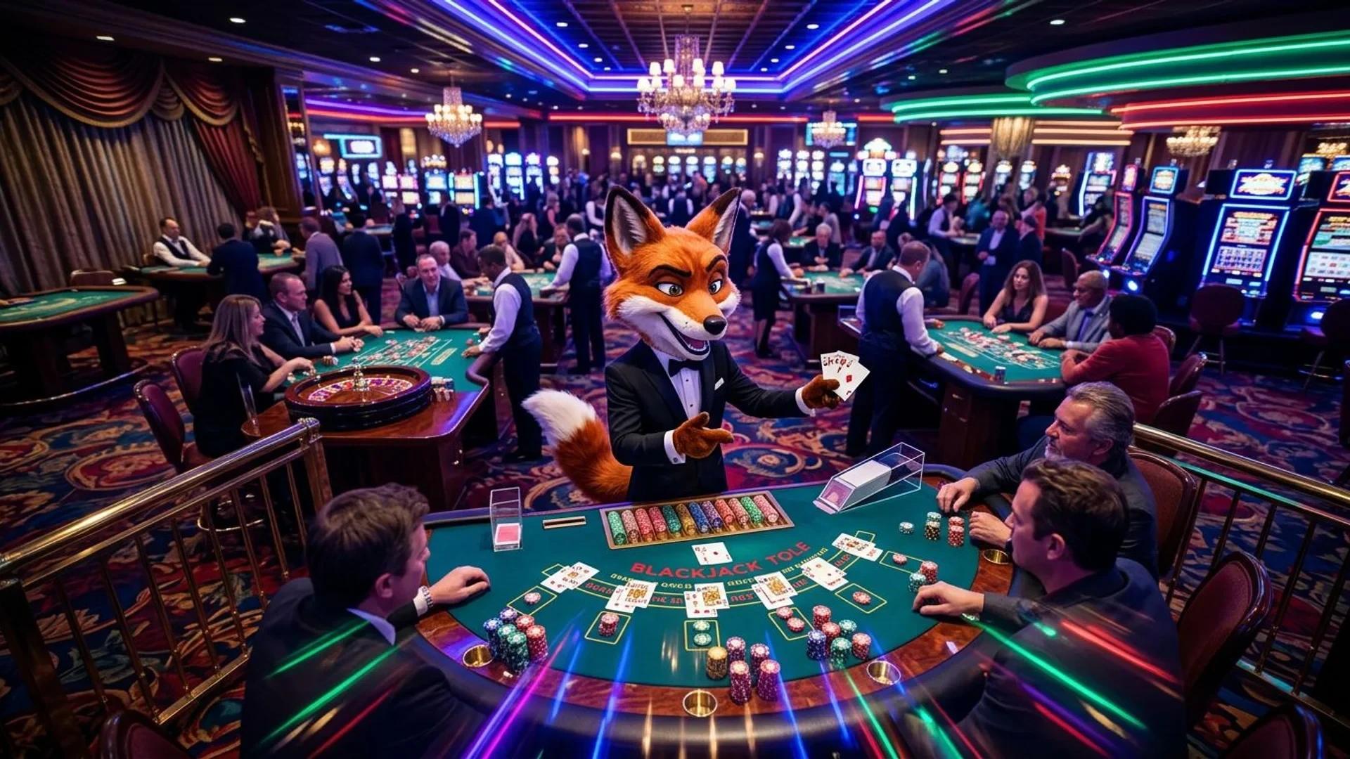 A playful fox mascot in a tuxedo stands at a Blackjack table surrounded by a vibrant casino atmosphere.