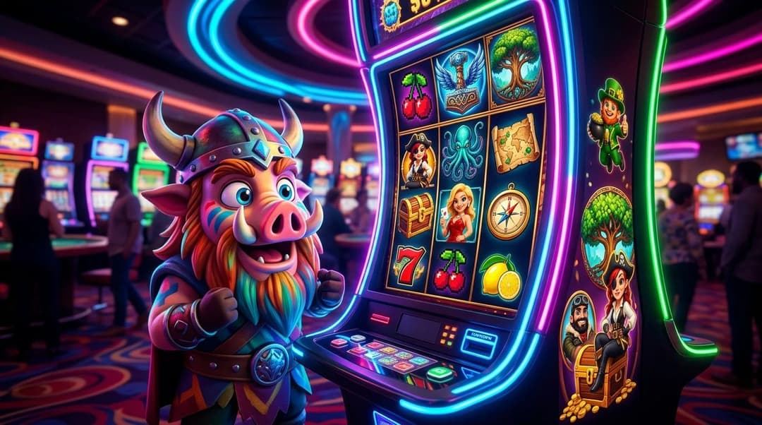 A colorful mascot from NordicSpins interacting with a neon-lit slot machine in a bustling casino.