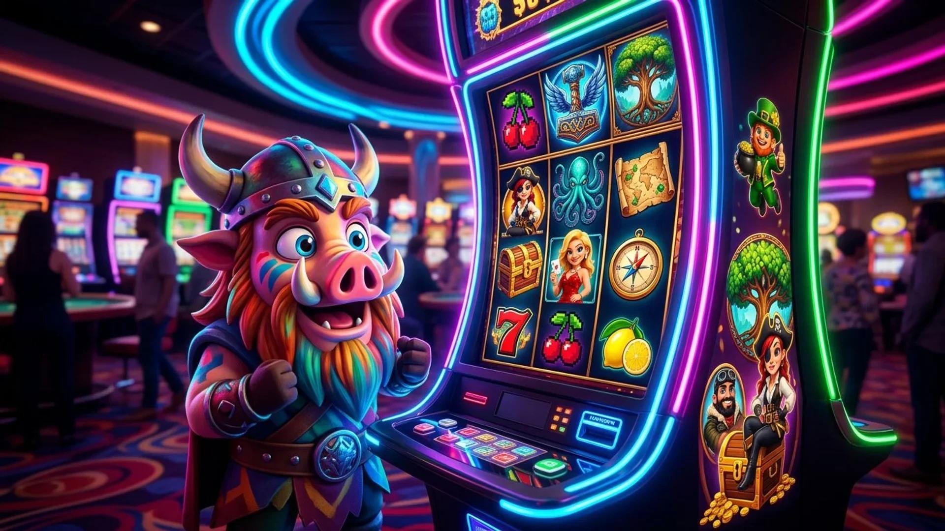 A colorful mascot from NordicSpins interacting with a neon-lit slot machine in a bustling casino.