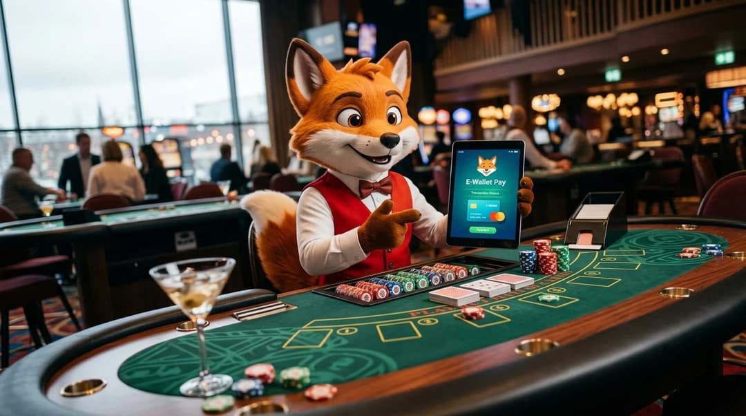 A cartoon fox mascot demonstrating the use of an e-wallet at a casino table.