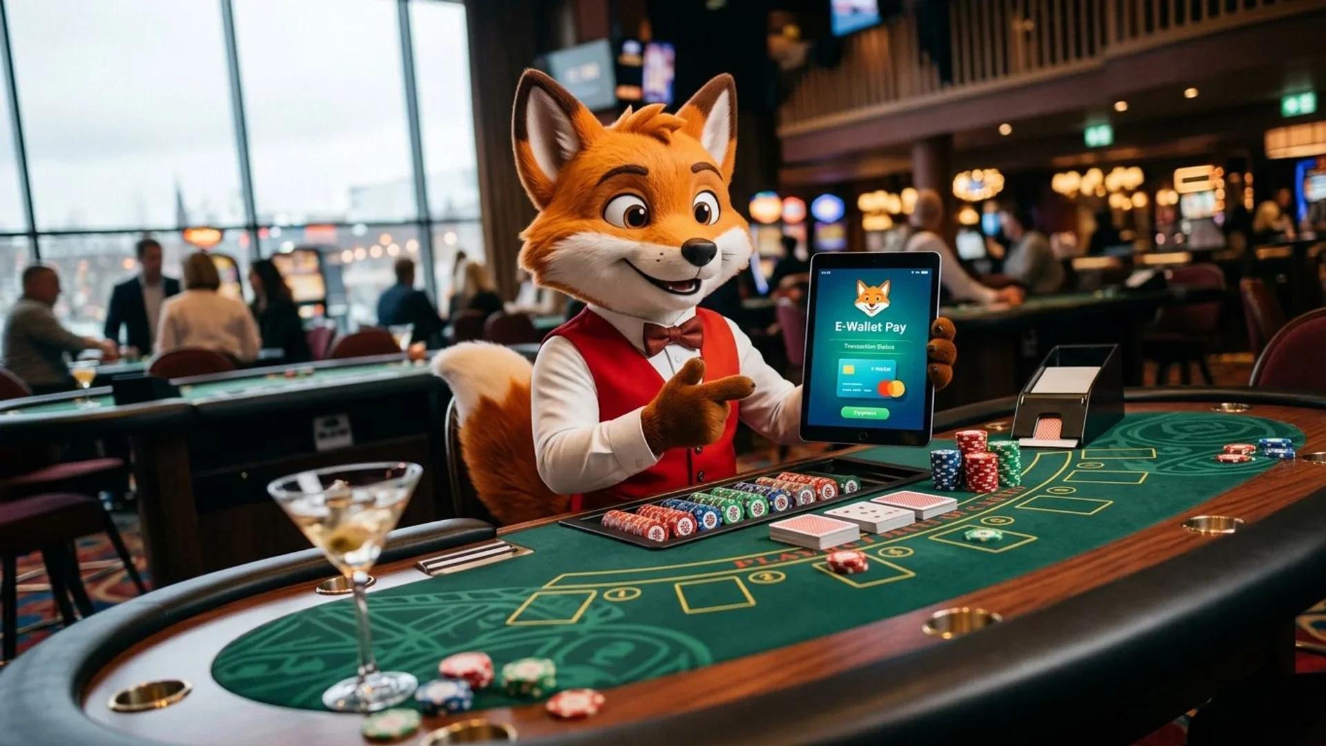 A cartoon fox mascot demonstrating the use of an e-wallet at a casino table.
