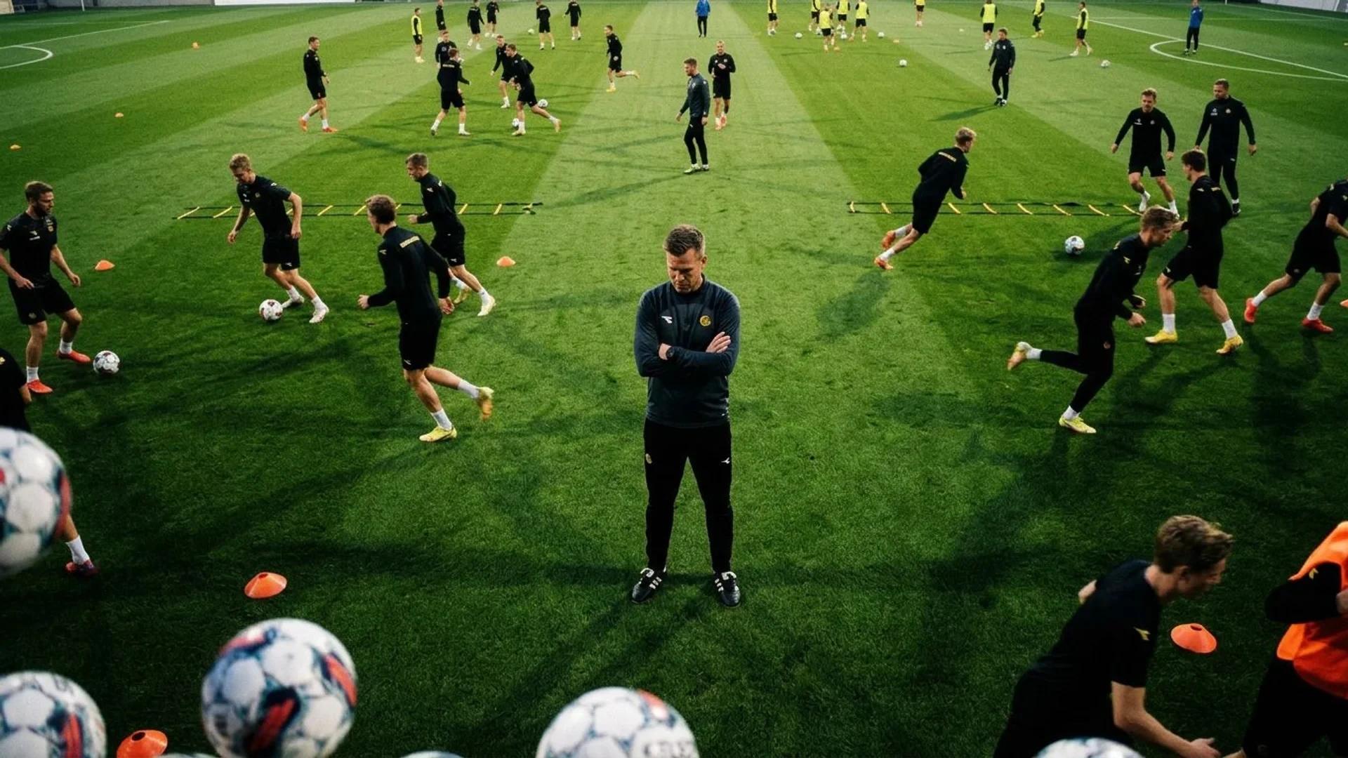 A bird's-eye view of Kjetil Knutsen on a football pitch during a training session.