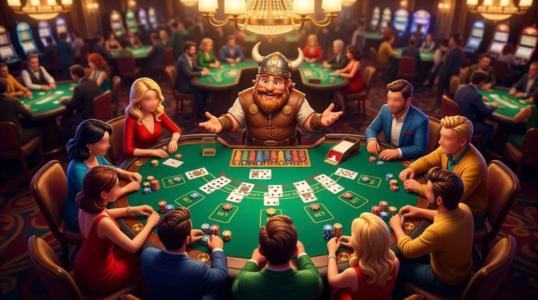 A top-down view of a casino table with a NordicSpins mascot engaging with players and colorful gambling chips.