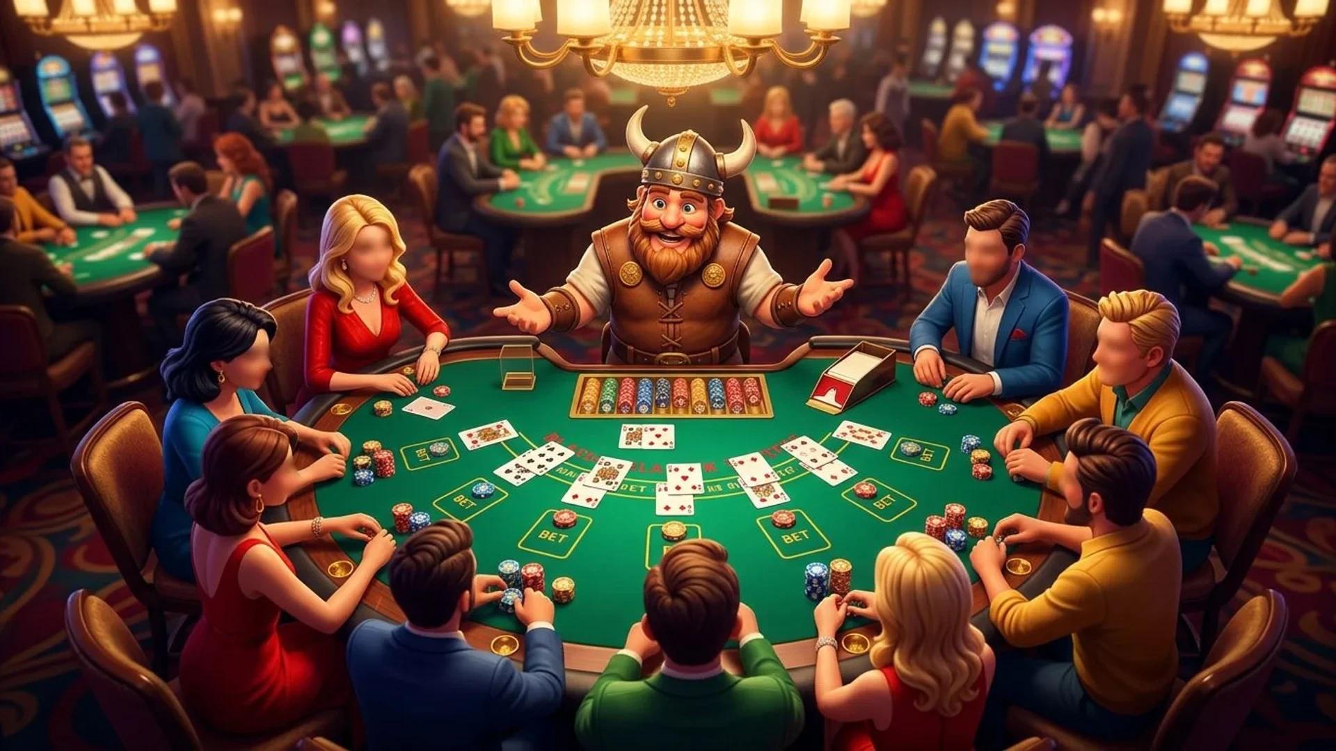A top-down view of a casino table with a NordicSpins mascot engaging with players and colorful gambling chips.