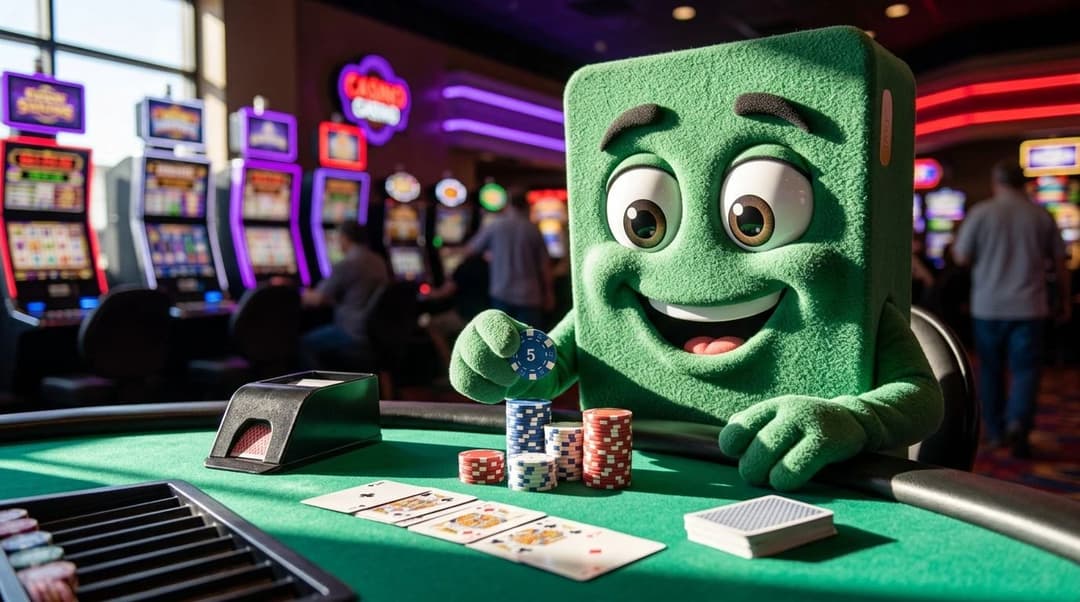 A close-up of a cartoon debit card mascot at a casino table with colorful chips and cards.