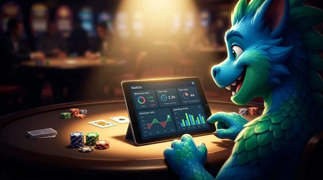 A NordicSpins mascot at a casino table engaging with a glowing tablet, showcasing responsible gaming principles.