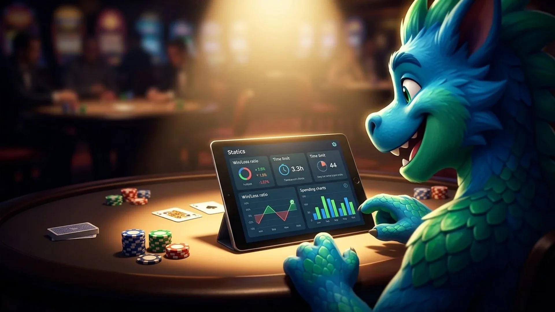 A NordicSpins mascot at a casino table engaging with a glowing tablet, showcasing responsible gaming principles.