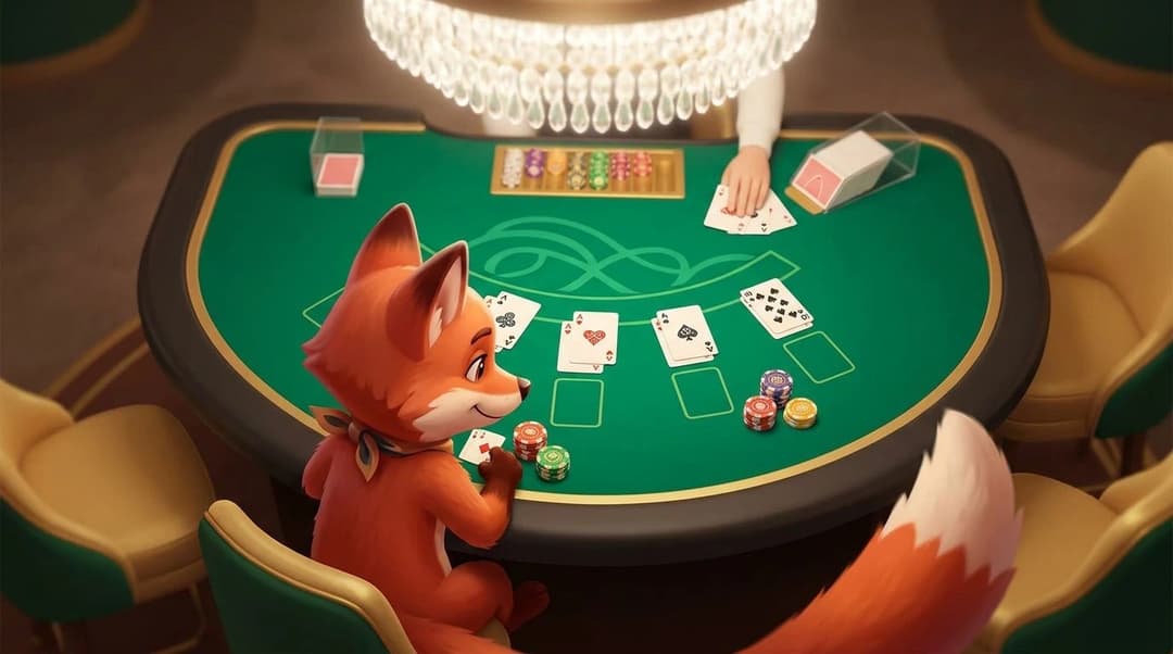 A cartoon fox mascot is playfully engaging at a blackjack table in a soft, diffused light setting.
